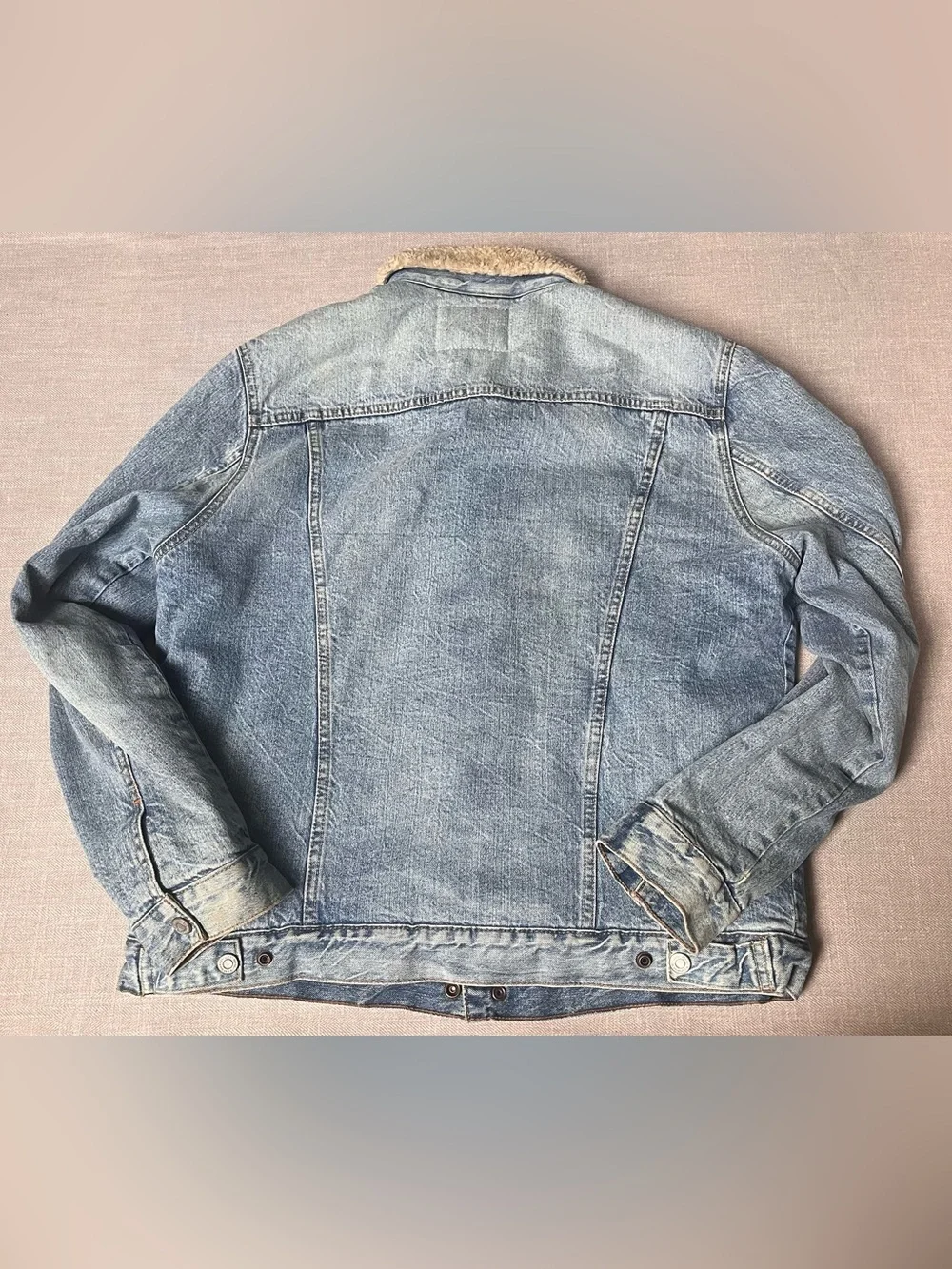Distressed Lucky Brand Light Blue Denim Sherpa Lined Trucker Jacket